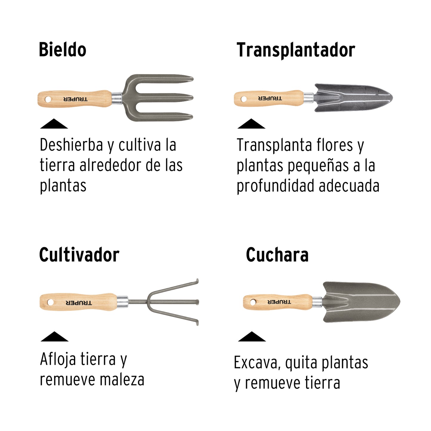 Juego de 4 herramientas, mangos de 6' para jard’n