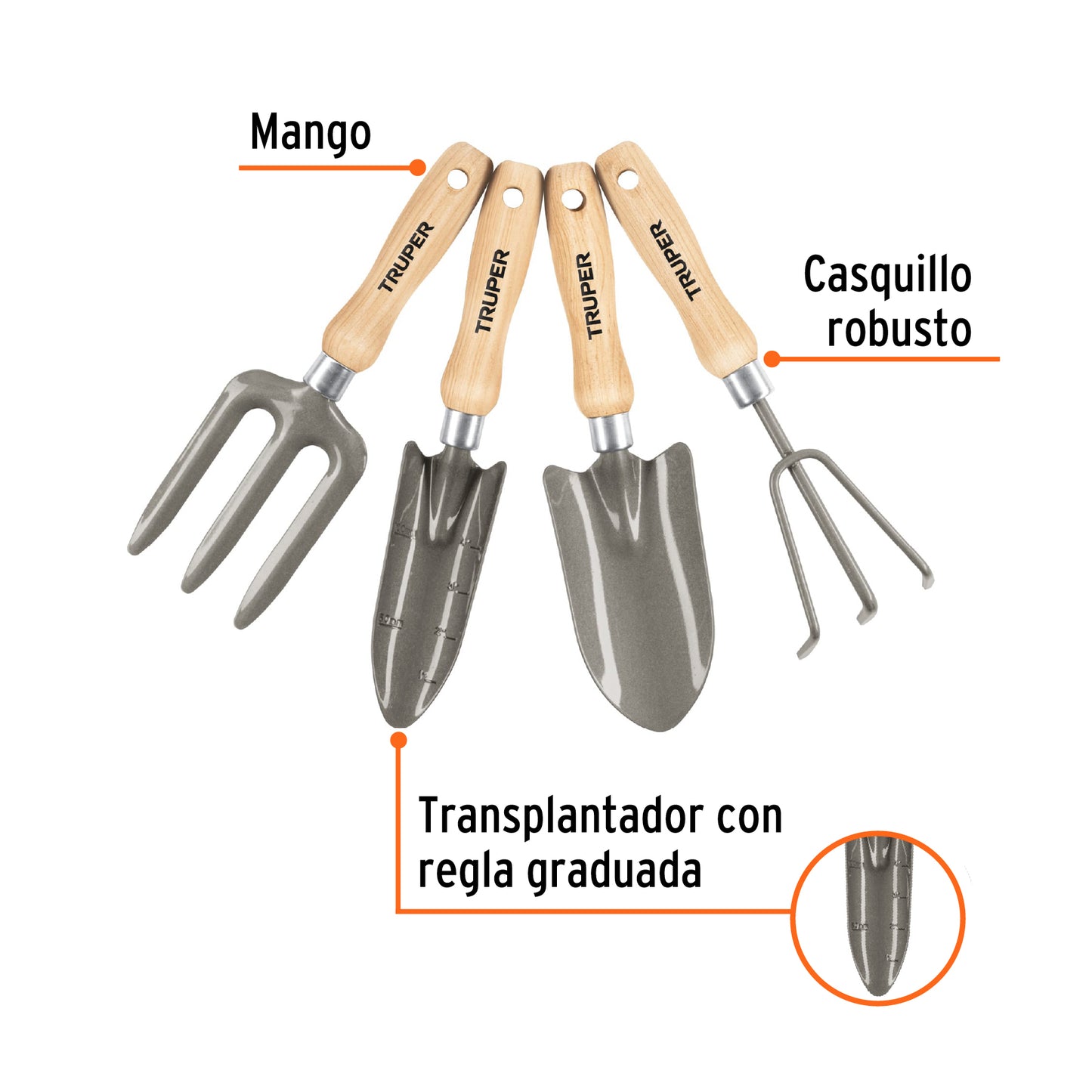 Juego de 4 herramientas, mangos de 6' para jard’n