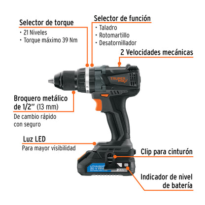 Rotomartillo inalámbrico 1/2", 20V, no incluye carbones.