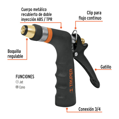 Pistola para riego con 2 funciones con recubrimiento y boquilla