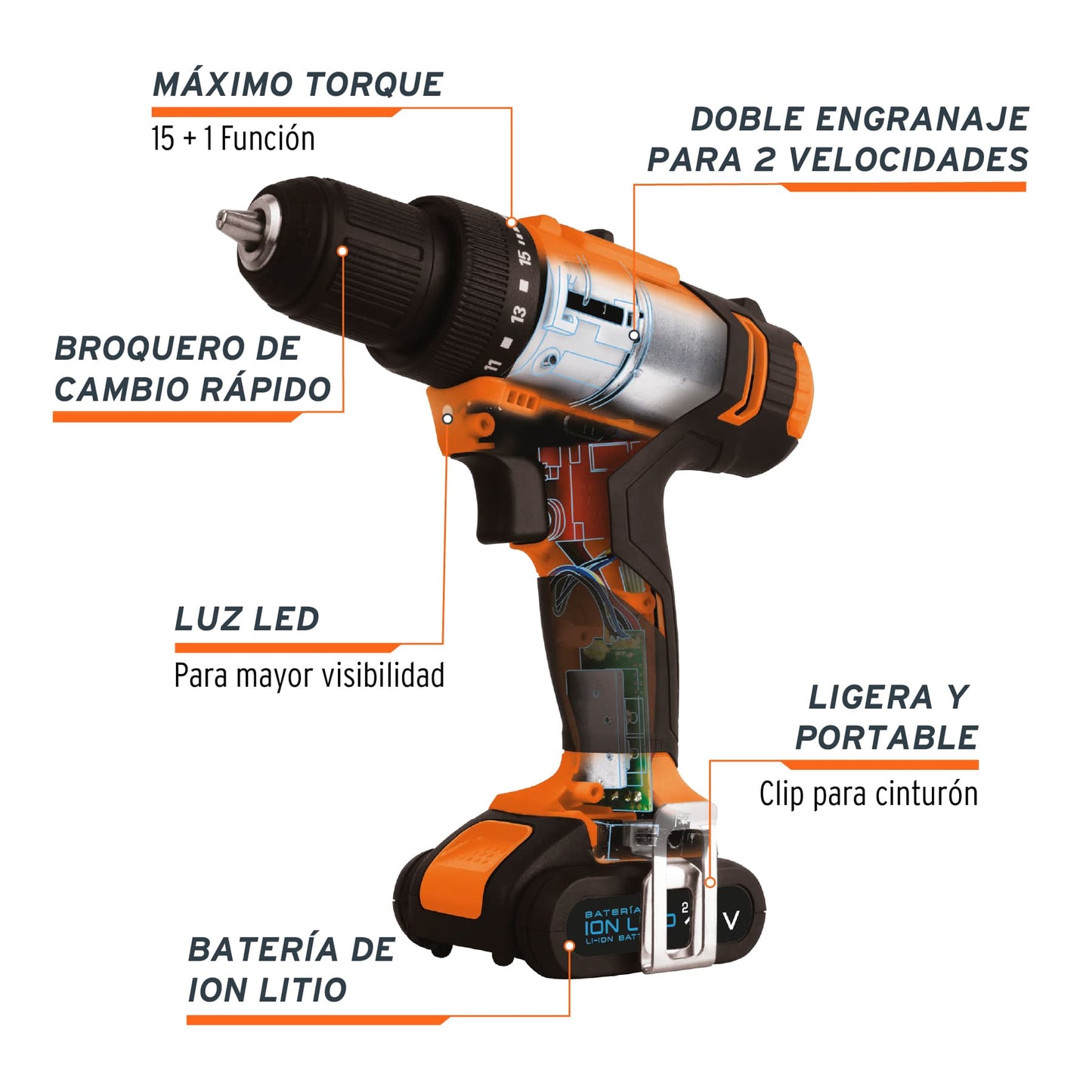 Taladro inal. 3/8', 12V, 1 bat. 2Ah, 1 carg. TRUPER PRO