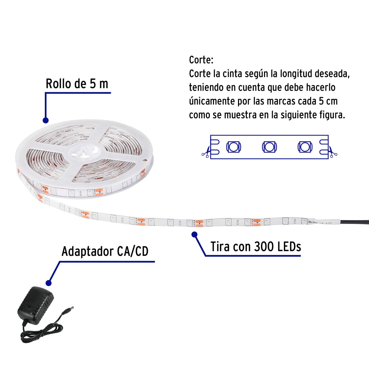 Tira de LED 5 m de 16 W para interior y exterior, color azul